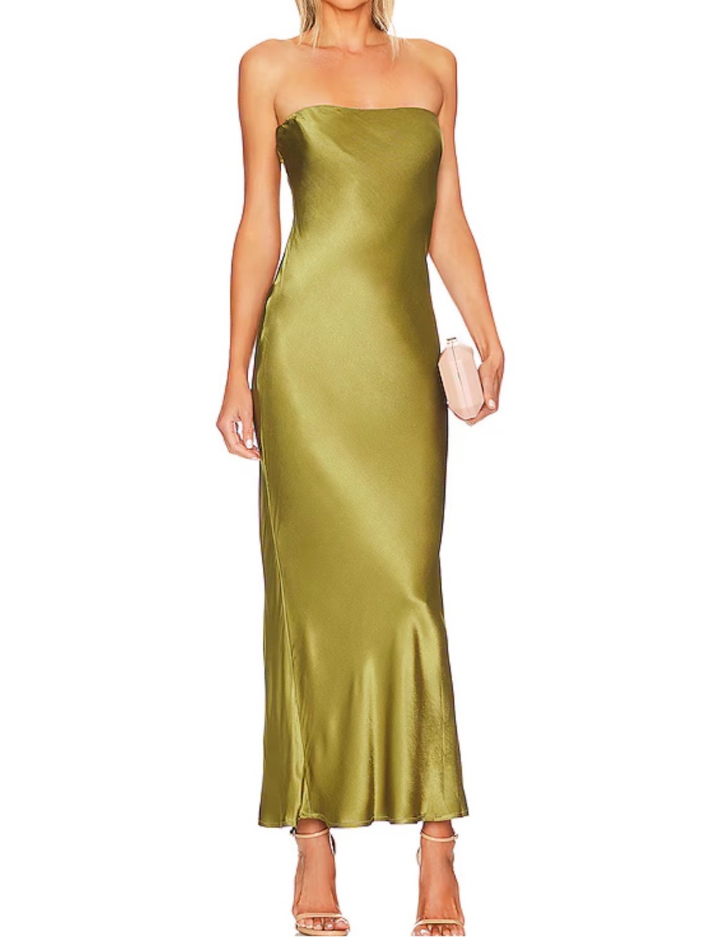 SNDYS X Revolve Angel Satin Olive Strapless Midi Dress